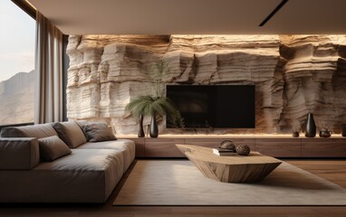 A corner of the living room with beige sofa, wooden flooring and the TV embedded in the rock panel