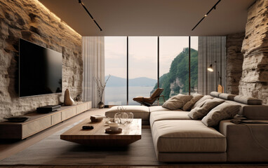 A corner of the living room with beige sofa, wooden flooring and the TV embedded in the rock panel