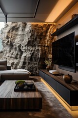 Naklejka premium A corner of the living room with beige sofa, wooden flooring and the TV embedded in the rock panel