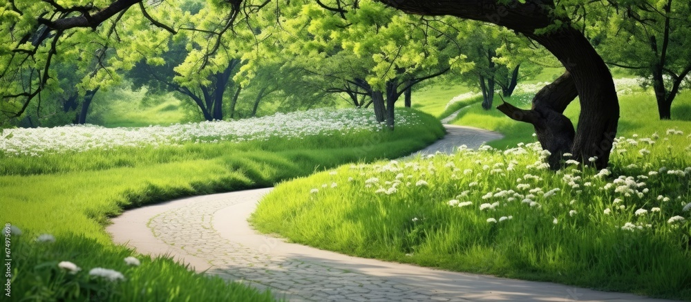 Poster the background texture of the vibrant green landscape with a road winding through it is complemented