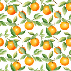 Watercolor seamless pattern with oranges and leaves on a white background