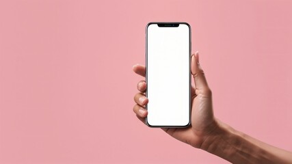 hand holding smart phone on pink background - Generative AI
