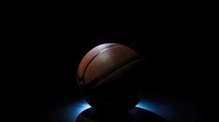 An artistic and minimalistic image featuring a dark basketball set against a solid black background, creating a sense of stark contrast and simplicity.