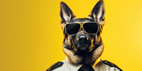 A German Shepherd in cop attire, guarding with authority.Copy Space. - obrazy, fototapety, plakaty