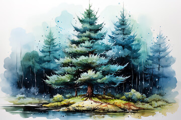 Naklejka na ściany i meble Winter picturesque watercolor landscape. Ai art