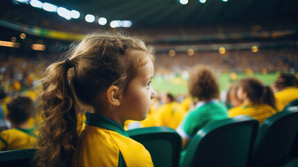 Back view of a girl in yellow and green, watching the Australian team play at the Women's World Cup, with the stadium in the background.