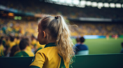 Back view of a girl in yellow and green, watching the Australian team play at the Women's World Cup, with the stadium in the background.