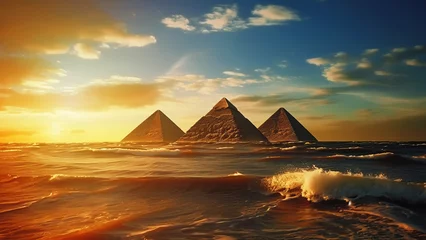 Poster Great Pyramids of Giza (Egypt) are flooded with seawater. In place of the Sahara Desert is a tropical sea. Climate changing, melting of glaciers and polar caps, sea level rise. © Maxim Kukurund