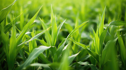 A close-up of lush green biofuel crops, such as corn or sugarcane, used for sustainable energy.