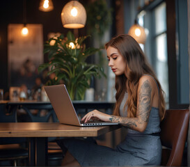 Young woman engaged with her laptop in a cafe