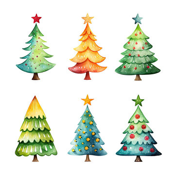 Set of different watercolor Christmas trees iolated on white background. Cartoon style. Mary Christmas and Happy New Year concept. Elements for greeting card, invitation, banner, sticker
