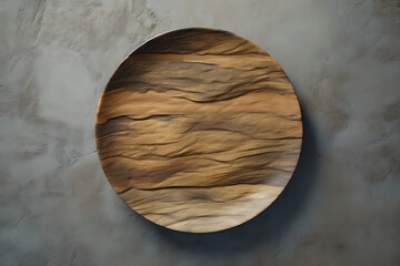 wooden round flat plate or board on a granite table top view