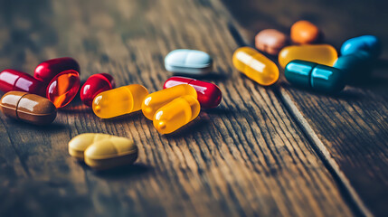 colorful pills and capsules on a wooden table