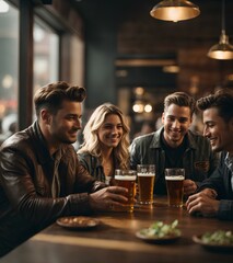 Happy group of friends in a bar, drinking beer, sharing a time and laughter.