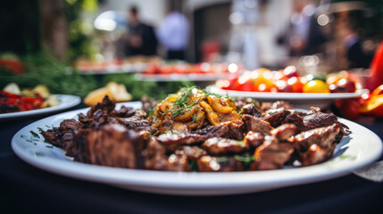 A delectable plate of grilled meat presented at a wedding or restaurant buffet, inviting guests to savor the culinary delights of the occasion.