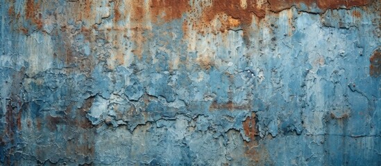 The abstract pattern on the grunge blue metal wall creates an intriguing background design with an isolated texture evoking the passage of time and the old rusty charm of steel and iron - obrazy, fototapety, plakaty