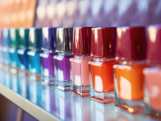 Close-up of a row of colorful nail polish bottles in a nail salon.