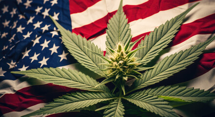 USA American flag with hemp leaf background. Cannabis legalization in united states of America concept. Legal medical hemp plant marijuana.