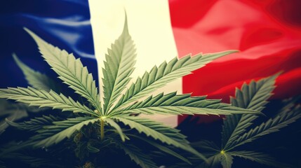 French flag with hemp leaf background. Cannabis legalization in France concept. Legal medical hemp plant marijuana.