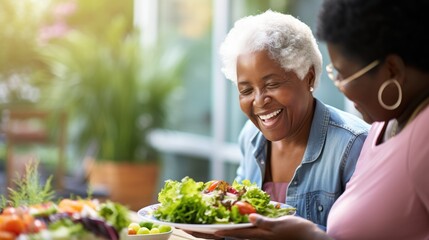 African American Mature woman holding vegan salad with many vegetables. Veganuary, Healthy lifestyle concept. Senior lady Portrait with healthy fresh vegetarian salad.. - obrazy, fototapety, plakaty