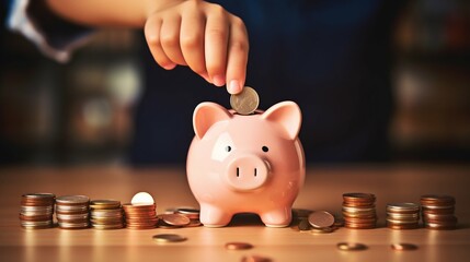 Securing Tomorrow: Child Deposits Coins into Pink Piggy Bank. Generative ai