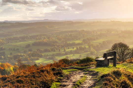 A magnificent view down the Derwent Valley and Chatsworth Park can be found from this bench situated at the end of Baslow Edge in the Peak District National Park.