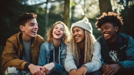 Fototapeta premium United in Diversity: Teenagers Embrace Friendship Beyond Borders. Generative ai