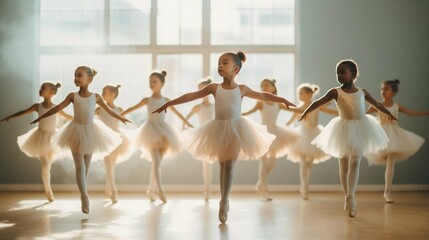 Diverse Children Enjoying After-School Ballet Practice. Generative ai