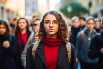 Obraz premium Young female student standing in determined solidarity, with a group of people actively protesting in a movement. Concept of fighting for change and embodying Gen Z spirit