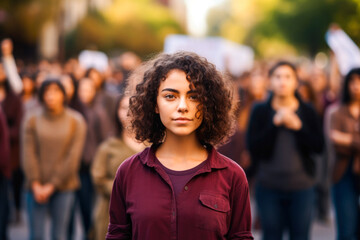 Obraz premium Young female student standing in determined solidarity, with a group of people actively protesting in a movement. Concept of fighting for change and embodying Gen Z spirit