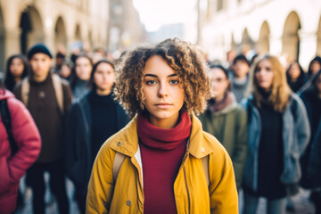 Young female student standing in determined solidarity, with a group of people actively protesting in a movement. Concept of fighting for change and embodying Gen Z spirit - obrazy, fototapety, plakaty