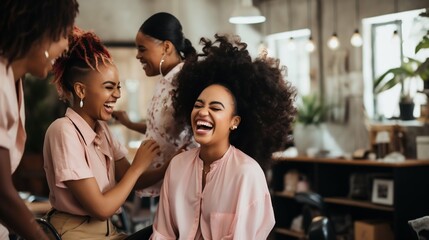 Laughter in the Salon: African American Girl and Hairdresser Share a Joyful Moment. Generative ai