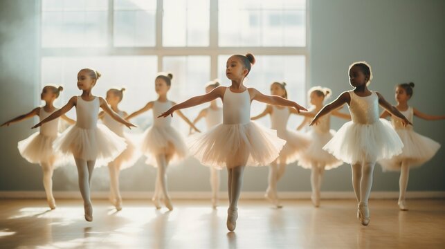 Diverse Children Enjoying After-School Ballet Practice. Generative ai