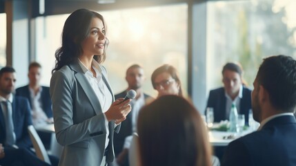 Obraz premium Empowering Leadership: Female Business Executive Inspires at Conference Presentation. Generative ai