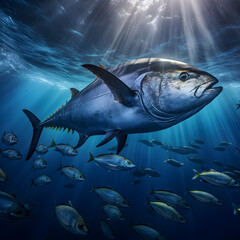 Fototapeta premium Bluefin tuna swimming in the ocean. Generative ai. 