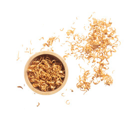 Instant Noodle fly in wooden bowl, yellow instant noodle float explode, abstract cloud fly. Curved dried instant noodles splash throwing in Air. White background Isolated high speed shutter