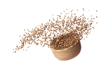 Coriander seed fly throw up in wooden bowl, brown coriander seed float explode, abstract cloud fly....