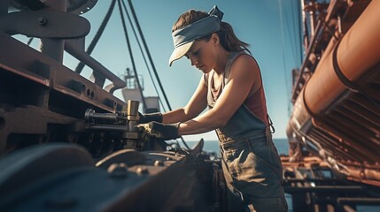 Female Engineer Operating on a Contemporary Offshore Oil Platform. Generative ai