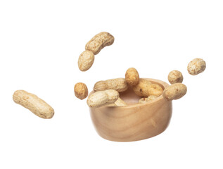 Boiled peanut fly explosion, boiled peanut bean fall down pour in wooden bowl. Tropical boiled peanut throw in air. White background Isolated high speed shutter, freeze action