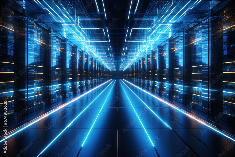 Poster a massive data center with rows of servers processing information, representing the concept of infor