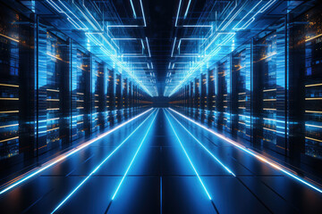 A massive data center with rows of servers processing information, representing the Concept of information technology infrastructure. Generative Ai.