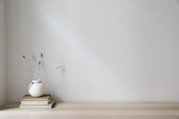 Elegant Scandinavian interior. White ball vase with dry grass, lagurus bouquet on old books. Empty wall background. Modern living room, home office. Minimal moody autumn decor in cozy apartment.