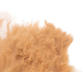 Blur Defocus image of Small Fine Sand flying explosion, Golden grain wave explode blow. Abstract sands cloud. Yellow colored sand splash up in Air. White background Isolated high speed shutter freeze