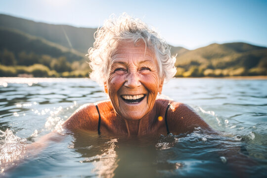 Portrait of a senior woman swimming in a lake. Her joyful expression and active lifestyle reflect her zest for life and spirited energy. Concept of vitality and happiness