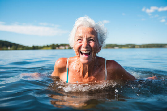 Portrait of a senior woman swimming in a lake. Her joyful expression and active lifestyle reflect her zest for life and spirited energy. Concept of vitality and happiness
