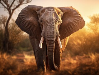 Fototapeta premium Elephant soft focus and sunset behind them. Generative AI. 