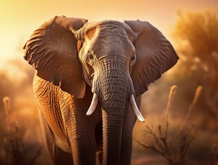 Elephant soft focus and sunset behind them. Generative AI. 
