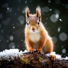 Obraz premium Squirrel on tree in the weather snow. Generative AI.