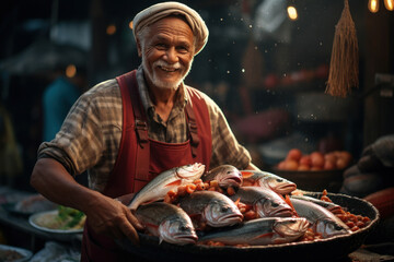 A fisherman at a local market holding a fresh catch of seafood, illustrating the Concept of traditional, local trade. Generative Ai.