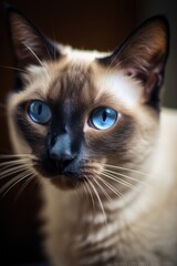 Siamese cat close up with blue eye. Portrait of Cat in living room. Generative AI.